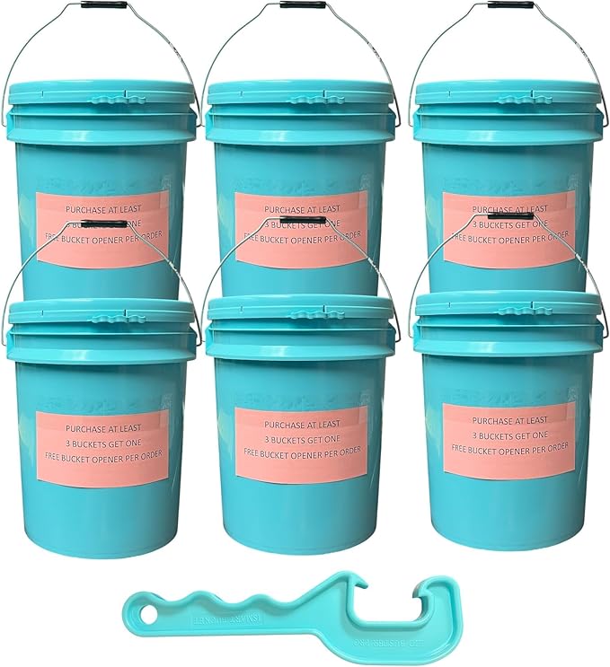 5 Gallon Plastic Bucket Pail with Lid (Pack of 6) – Includes Free Bucket Opener - Food Grade, BPA Free, Heavy Duty –– for Storage, Emergency, Paint, Brining, and More (Blue)