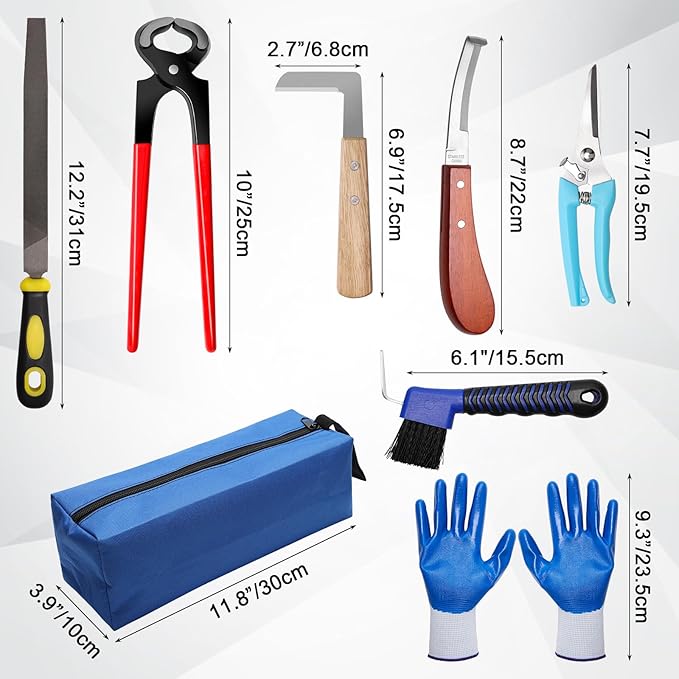 10 Inch 8 Pcs Farrier Tools, Horse Goat Hoof Trimmers for Goats and Sheep with Carbon Steel Nipper, Shears Nail Clipper, Rasp File, Hoof Trimming Cutter Knives, Horseshoe Brush, Storage Bag