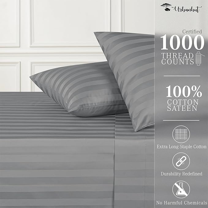 URBANHUT 1000 Thread Count Egyptian Cotton Sheets Damask Striped Queen Size, Long Staple Soft & Breathable, 4 Pc Bed Sheet Sets, Luxury Hotel Sateen Sheets Fits 16" Deep Pocket - Dark Grey