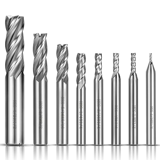 ASNOMY 8pcs 4-Flute Straight End Mill Set,1/8"-1/2" Inch CNC Milling Cutter Drill Bits Router Bits Cutter Tool Set for Wood Aluminum Cast Iron Copper Plastic