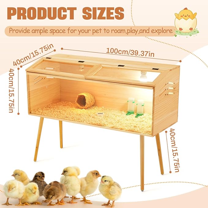 40 x 16 x 16 in Brooder Kit Box for Chicken Quails Indoor Outdoor with Leg Stand Sliding Door, Bulb Set and Feeder, Baby Chicken Coops for Ducks, Hamsters, Lizards, Mice, Rat