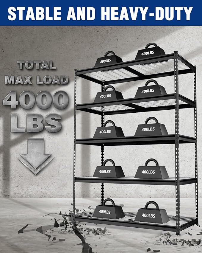 WORKPRO 5-Tier Heavy Duty Metal Shelving Unit, 72”H x 48”W x 24”D, Adjustable Storage Rack with 4000 lbs Capacity, for Garage, Basement, Workshop, Warehouse