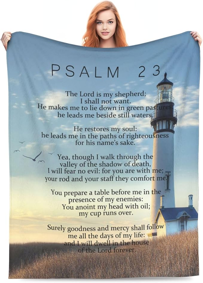 Psalm 23 Blanket Christian Lighthouse Gifts Religious Bible Verse Scripture Throw Blanket Comfy Plush Flannel Fleece Warm Soft Fluffy Fuzzy Blanket for Prayer Women Teens for Bed Sofa Couch 60"X80"