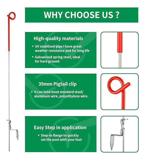 Fence Shock 41 Inches Systems Pig Tail Step-in Fence Post, Stainless Steel for Garden and Farm, Portable Fence Ideal for Electric Fencing - Pack of 30 Red