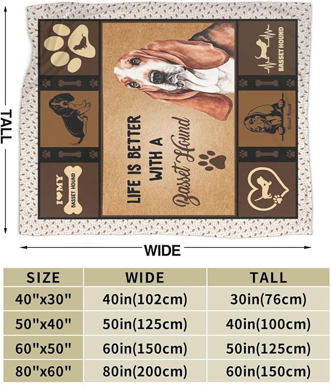 Basset Hound Blanket Dog Throw Blanket Soft Warm Cozy Fuzzy Plush Dogs Throw Blanket Bedding Gifts for Dog Lover Girls Women Fleece Flannel Gift Blankets for Kids Adults 40"X50"