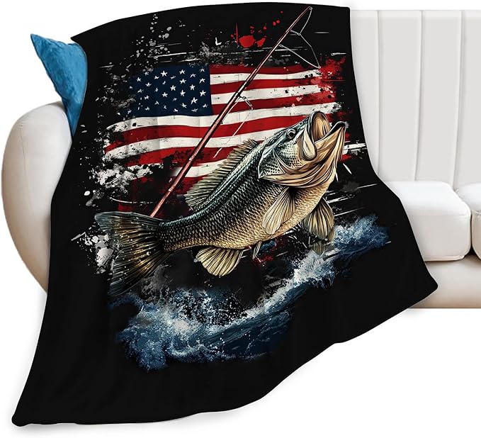 Fishing Blanket American Flag Fish Throw Blanket Soft Warm Cozy Fuzzy Plush Gifts for Girls Women Lightweight Fleece Flannel Stuff Decor Gift for Kids Adults 60"X50"