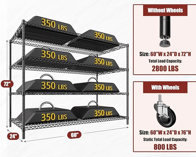 PrimeZone 60" W x 24" D x 76" H Heavy Duty Wire Storage Shelves with Wheels, 4 Tier Adjustable NSF Certified Garage Shelving Unit, Rolling Metal Organizer Shelf Rack for Warehouse, Pantry, 2 Packs