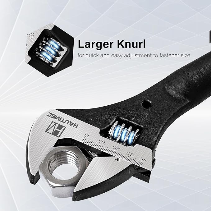 HAUTMEC 16 inch Adjustable Spud Wrench, Wide Jaw Up to 1-5/8"(41mm), Adjustable Spud Wrenches with Tail Pry Bar Features, Black Oxide Finish, Forged CR-V Steel Metric & SAE Scales with Tether Hole