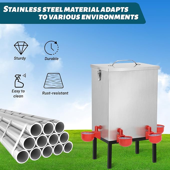 Chicken Waterer 3 Gallons,Stainless Steels Automatic Chicken Waterer ,Poultry Watering No Waste 4 Water Cups Chicken Waterer and 4 Horizontal Automatic Chicken Nipples,with Latch and Bottom Bracket