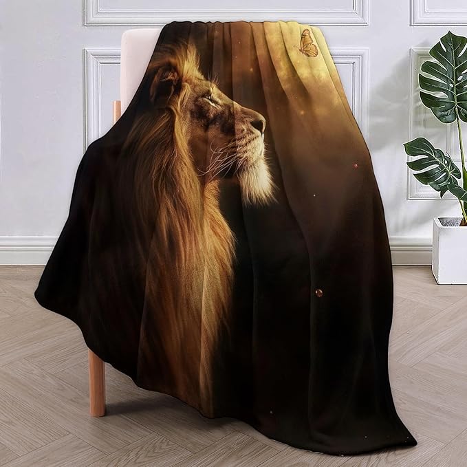 Lion and Butterfly Blanket, 50"x60" Majestic Lion Flannel Fleece Throw for Kids & Adults, Ultra-Soft and Warm Home Decor Blanket, Lion Gifts