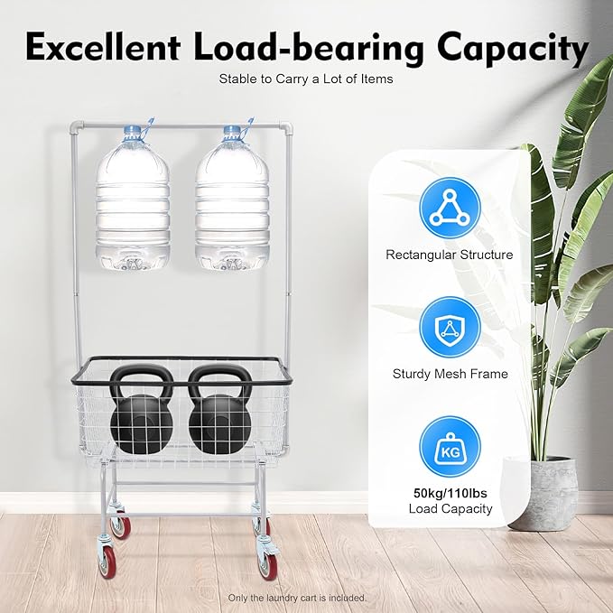 TFCFL Heavy Duty Wire Laundry Cart with Double Pole Rack, 2.5 Bushel Wire Laundry Basket with Wheels, Commercial Rolling Laundry Basket 110lbs Capacity, Steel Basket for Laundry Clothes Storage
