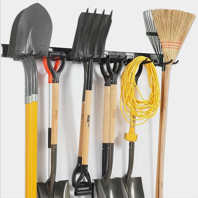 Garage Organization Wall Mount, 32inch Garden Tool Organizer With 6 Clamping Hooks, Heavy Duty, Garage Hanging Storage Rack For Yard Tools, Shovel, Shed, Hold Up to 300lbs (32Inch Black)