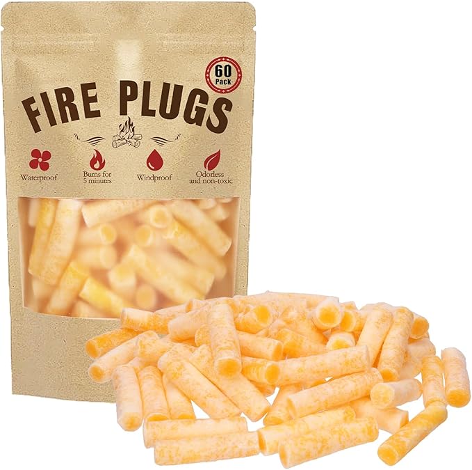 60 Pack Fire Plugs, Weatherproof Fire Starters for Emergencies, Survival, Campfires, Fire Pits, Charcoal Grill, Long Burn Time