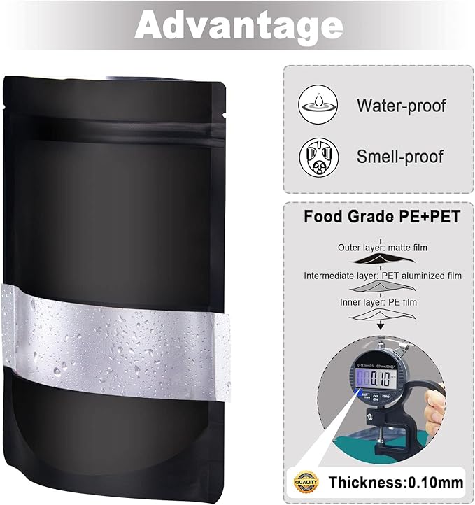 4"x6" 120pcs Mylar Bags for Food Storage,Smell Proof Bag with Matte Window Resealable Food Storage Bags for Small Business, Stand-up Foil Pouch Packaging Freeze Dried Candy Bag（Black）