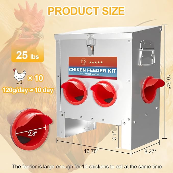 Automatic Chicken Feeder Large Capacity 25lbs Metal Chicken Feeder with Latch & Handle for Chickens, Geese, Ducks, Turkeys, Quails, Weatherproof (4-Port)