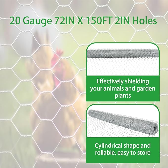20 Gauge 72IN X 150FT 2IN Holes Chicken Wire, Hot-Dip Galvanized Iron Wire Poultry Netting, Hexagonal Mesh, Mainly Used for Enclosing Poultry, and Can Also for a Garden Fence