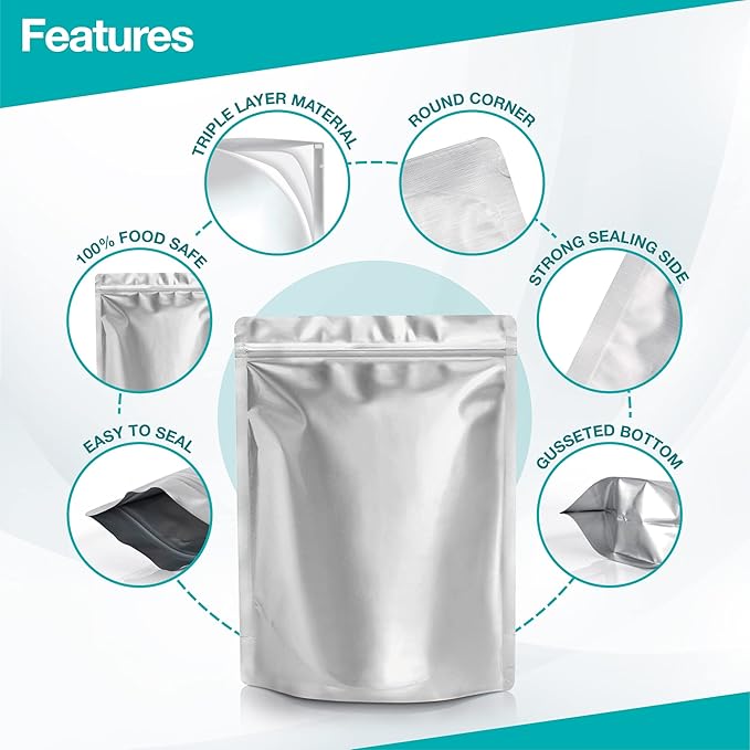 BELLE KR® 50 Pcs 1 Gallon Mylar Bags with Oxygen Absorbers (500cc) - 9.5 mil - Gusseted Mylar Bags 1 Gallon Resealable & Heat Sealable for Long Term Food Storage - Labels Included