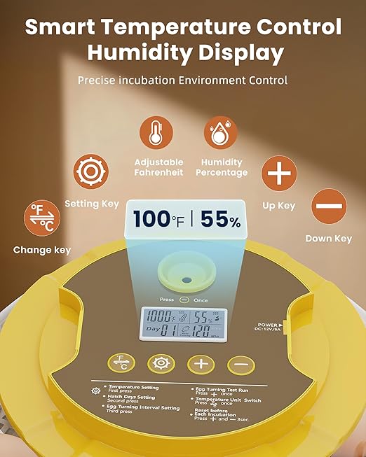 18 Egg Incubator with Automatic Egg Turning - Hatching Unit with Digital Control & Built-in Candler - Incubation System with 2 Hatcher Trays for Chicken, Duck, Goose, Quail, Parrot Eggs - Yellow