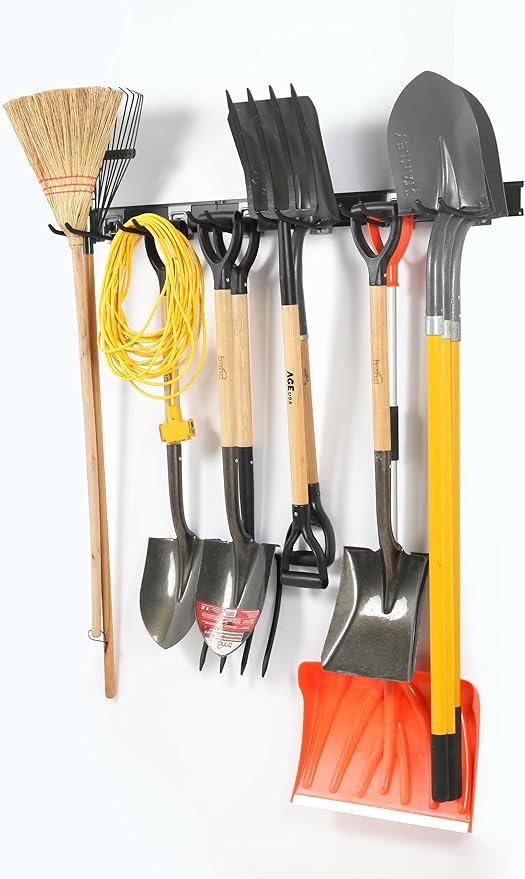 Garage Organization Wall Mount,96inch Garden Tool Organizer with 6 Clamping Hooks, Heavy Duty, Garage Hanging Storage Rack for Yard Tools, Shovel, Shed, Hold Up to 420lbs (96Inch Black)