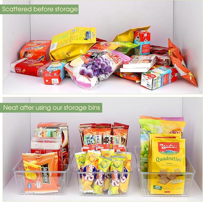 Snack Organizer for Pantry Shelf, 2 Pack Clear Plastic Pantry Storage Bins with 3 Dividers for Snacks, Spices, Chips Food Organizer, Stackable Pantry Organizers for Kitchen, Fridge, Cabinet