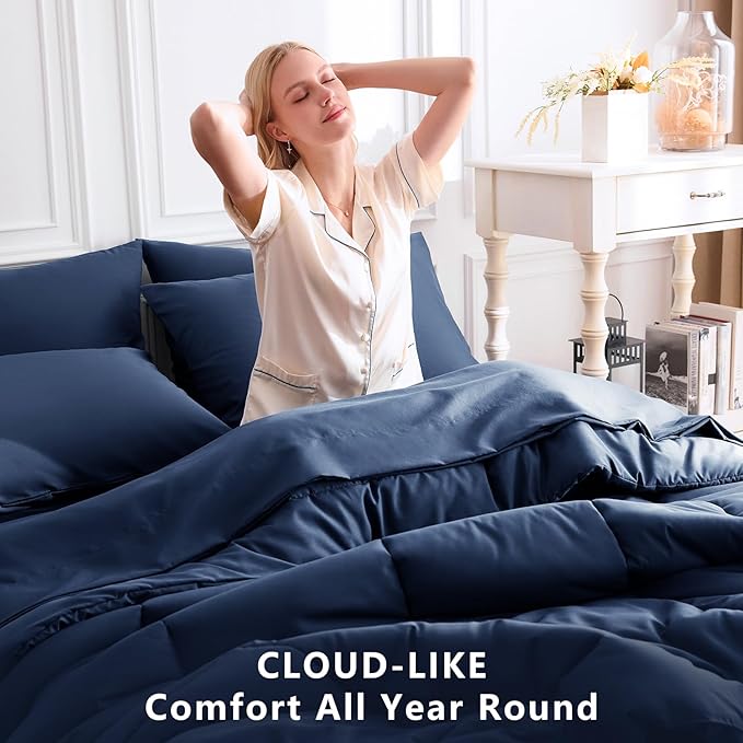 CozyLux Full Size Comforter Sets Navy Blue, 7 Pieces Bed in a Bag, Navy Comforter Full Size, All Season Bedding Sets with Stitch Quilted Comforter, Flat Sheet, Fitted Sheet, Pillowcases
