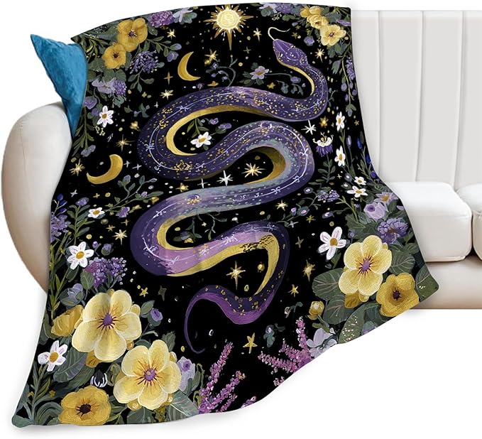 Purple Snake Blanket Fantasy Floral Reptiles Throw Blankets Gifts for Girls Boys Kids Snake Lover Soft Cozy Fleece Plush for Couch Sofa Bed 50"x40"