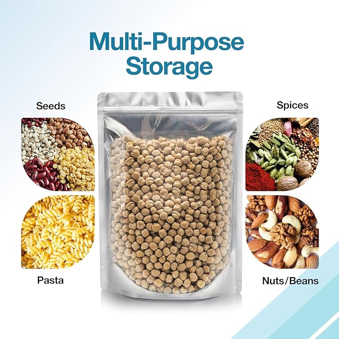 BELLE KR® 7x10 Quart Mylar Bags for Food Storage - Pack Of 300-7.5mil Thick - Gusseted Bottom - Clear Mylar Bags with See Through Window for Freeze Drying food - Labels Included