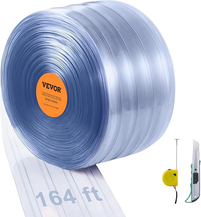 VEVOR Strip Curtain, 164' Length x 8" Width x 0.08" Thickness, Clear Ribbed PVC Curtain Strip Door Bulk Roll, Plastic Door Strips for Doorways of Supermarket, Garage, Warehouse, Barn, Pet Animal House