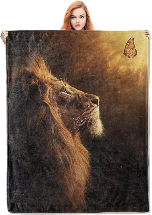 Lion and Butterfly Blanket, 60"x80" Majestic Lion Flannel Fleece Throw for Kids & Adults, Ultra-Soft and Warm Home Decor Blanket, Lion Gifts