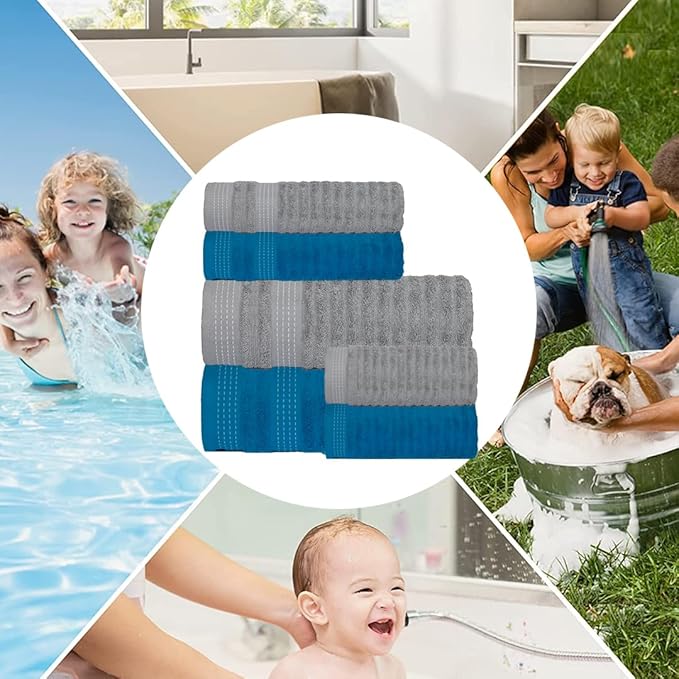CASA COPENHAGEN Elegance Collection Towels 550 GSM 2 Bath Towel 2 Hand Towel 2 Washcloths, Super Soft Egyptian Cotton 6 Towels Set for Bathroom, Kitchen & Shower - Teal + Grey