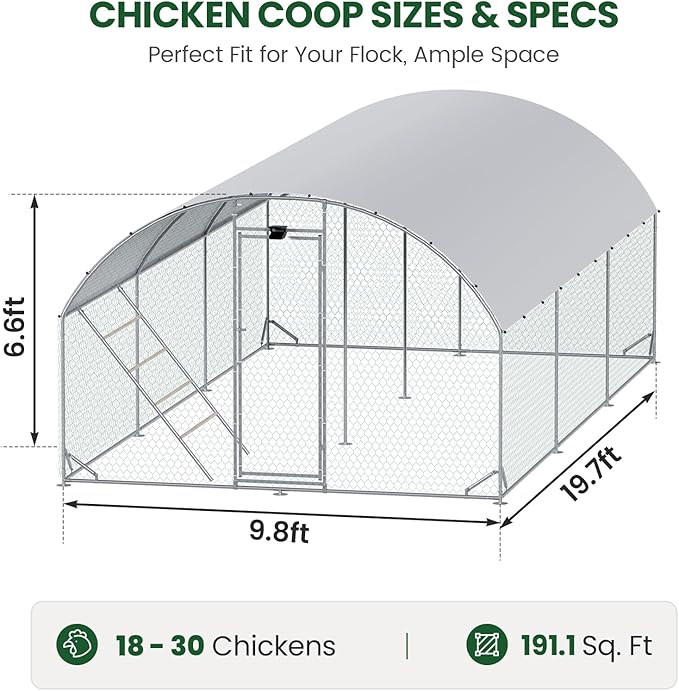 Chicken Coop Large Metal Chicken Run with Full-Top Waterproof Cover - Chicken House for 24/30 Chickens, Poultry Cage with Solar Light, Backside Poles, Walk-in Pen for Rabbits Ducks Yard 3 Room