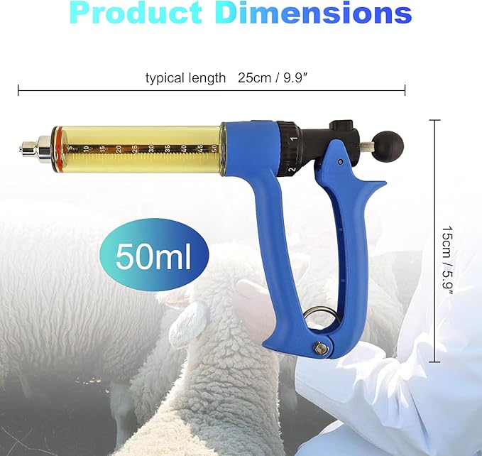 2-Piece Set, RANCH CHOICE 50ML Semi Automatic Livestock Syringe, Dose Adjustable, Continuous Repeating Luer Lock Cattle Syringe for Cow Goat Pig Sheep Hog