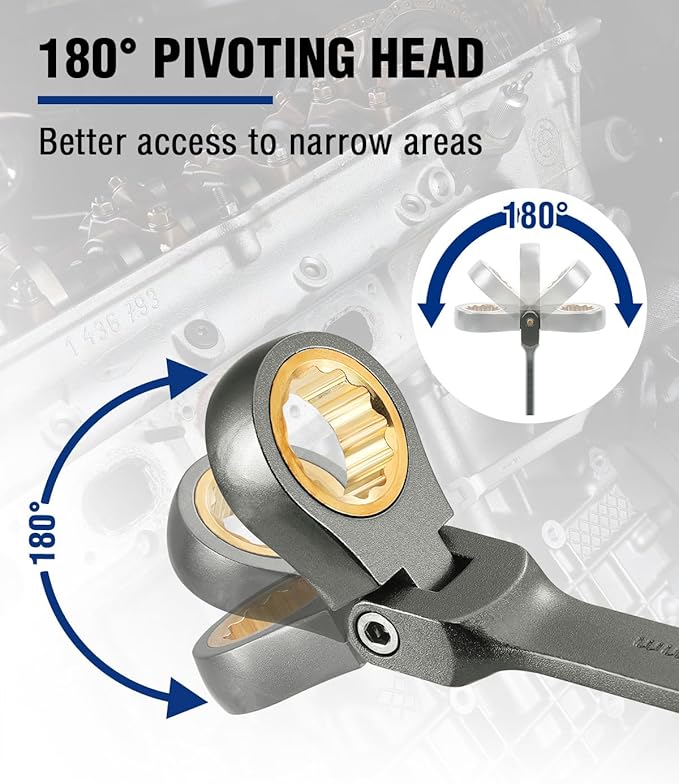 WORKPRO 10 mm Flex-Head Ratcheting Combination Wrench, Cr-V Constructed, Nickel Plating, 72-Teeth, 12 Point Design, Metric