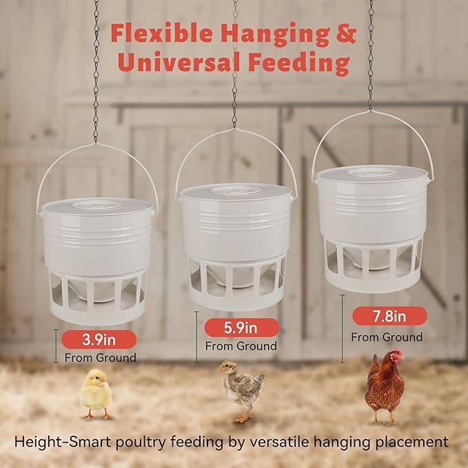 KOL Hanging Chicken Feeder – 20lbs Metal Chicken Feeder, Adjustable Poultry Feeder with 12 Ports, No Installation & Universal Height Design (Jade White)