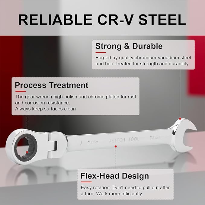 Jetech 24mm Ratchet Wrench Flex Head: Box End Wrench 12Pt| Metric Ratcheting Combination Chrome Vanadium,Forged, Extra Durability