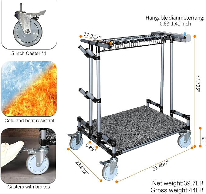 Heavy-Duty Garden Tool Organizer Cart Ideal for Gardening, Upgraded 5-Inch Wheels for Lawn & Sand, Long-Handle Tool Storage