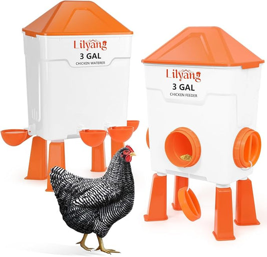 Lilyang XL Chicken Feeder and Waterer Set 3 Gallon, Automatic No-Waste Feeder, Large Poultry Waterer with 2.75'' Cups, Standing or Hanging Use, Feed Chickens & Ducks
