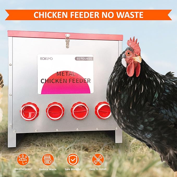 Automatic Metal Poultry Feeder No Waste Large Capacity 85-120LBS Weatherproof Animal-Proof 10-Port for Chickens, Geese, Ducks, Turkeys, Quails