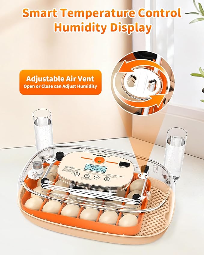 Egg Incubator for 24 Chicken Eggs with Automatic Turner, Digital Temperature Control & Humidity Display, Candler, Poultry Hatcher for Chicken, Duck, Quail, Birds (Orange)