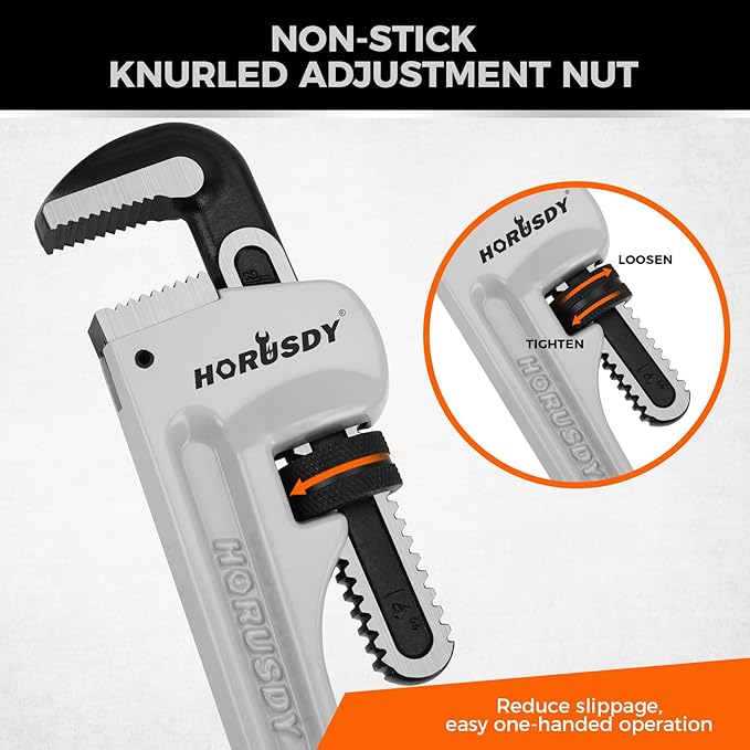 HORUSDY 18-Inch Pipe Wrench, Aluminum Heavy-Duty Adjustable Plumbing Wrench, 450mm, 1/2"–2" Pipe Capacity, Strong Grip & Durable, Lightweight Gray for Professionals & DIY