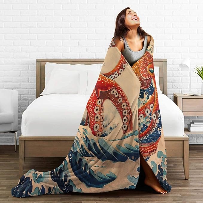 Japanese Octopus Throw Blanket Rustic Octopus Fleece Plush Super Soft Cozy Warm Lightweight Ocean Nautical Decor Gifts for Boys Girls Kids Adults Men Women 40" x 50"