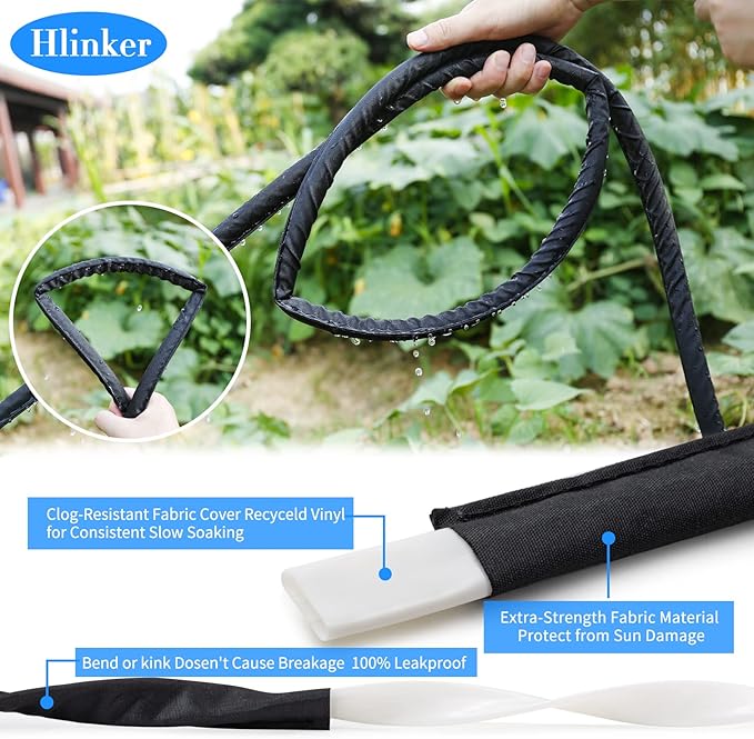 Flat Soaker Hose 75 150 FT for Garden Beds, 150FT 1/2" Linkable Consistent Drip Irrigation Hose Save 80% Water, Leakproof Heavy Duty Double Layer Sprinkler Hose