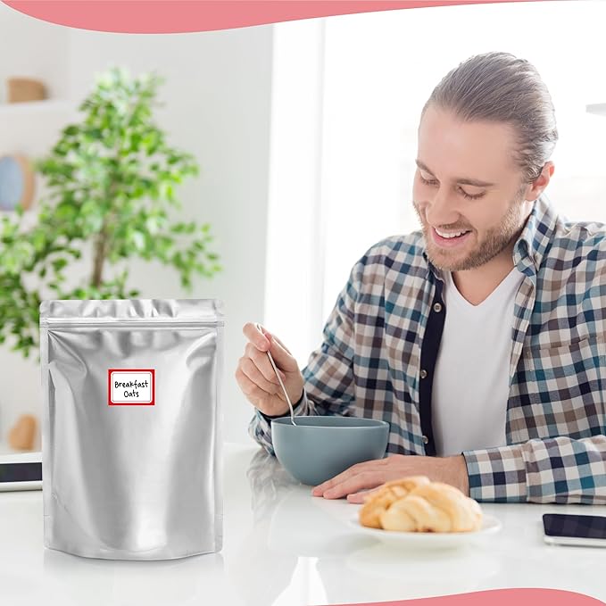 BELLE KR® 1 Quart Mylar Bags for Food Storage - Pack Of 100 - Extra Thick 10 Mil - 7"x10" Resealable Stand Up Mylar Ziplock Bags with Label Stickers