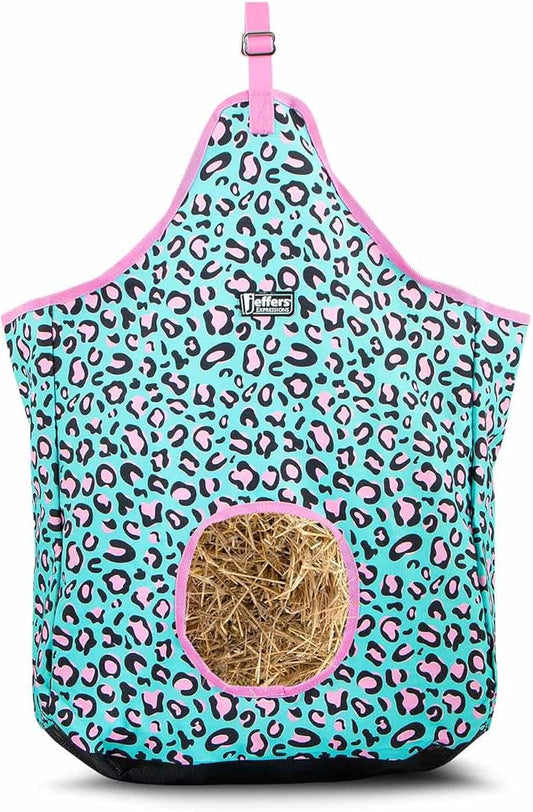 Jeffers Expression Top Loading Hay Bag for Horses & Livestock – Durable 600 Denier, Water Resistant Hay Feeder with Mesh Bottom for Stall, Trailer & Travel – Horse Feeding Supplies - Party Cheetah