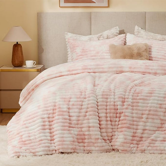 BEDELITE Fleece Full Comforter Set -Super Soft & Warm Fluffy Pink&White Bedding, Luxury Fuzzy Heavy Bed Set for Winter with 2 Pillow Cases