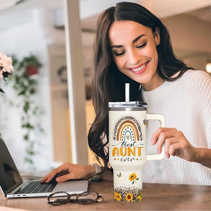 Gifts for Aunt, New Aunt, Auntie Gifts from Niece, Nephew - Christmas, Birthday, Mothers Day Gift for Auntie - 40oz Sunflower Tumbler With Handle & Straw