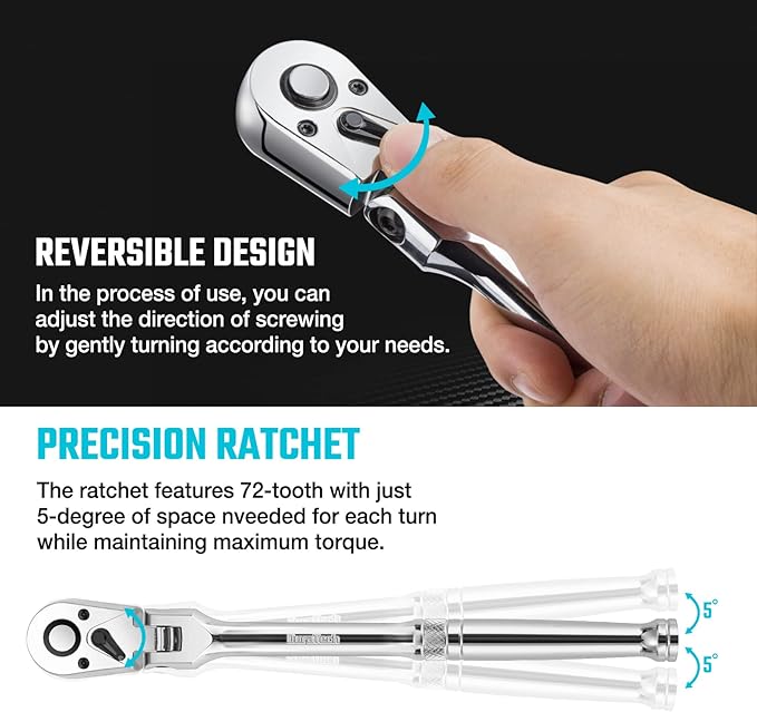 DURATECH 3/8" Drive Flex-Head Ratchet, 72-Tooth Ratchet Wrench, Quick-release, Reversible Switch, Full-Polished Chrome Plating, Alloy Steel