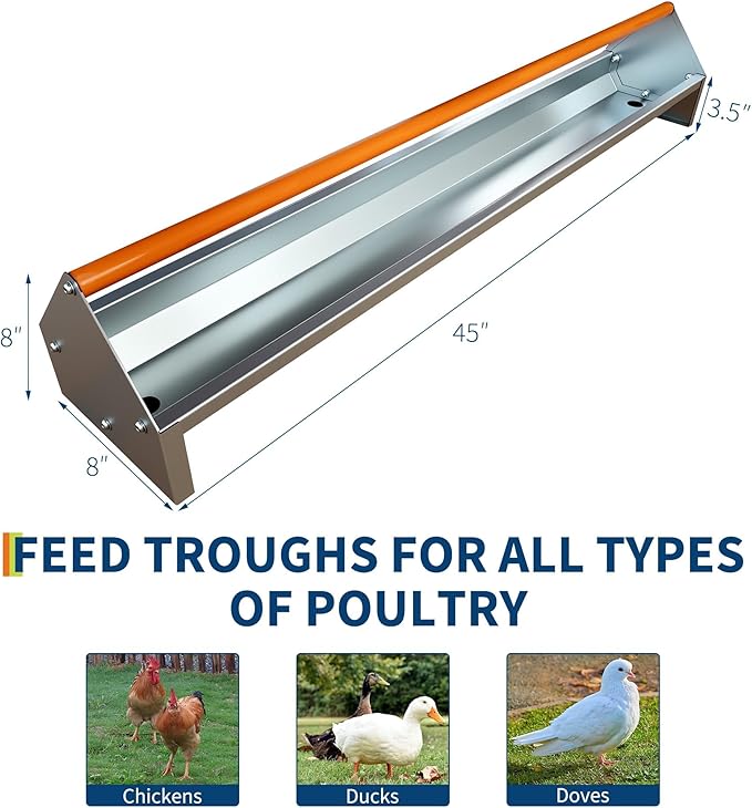 45" Chicken Feeding Trough, Galvanized Steel Chicken Feeder with Crossbar & Drainage Holes, Large Capacity Poultry Feeder Trough for Chicks, Duck, Goose, Turkey, Rabbit, Pigeon Orange