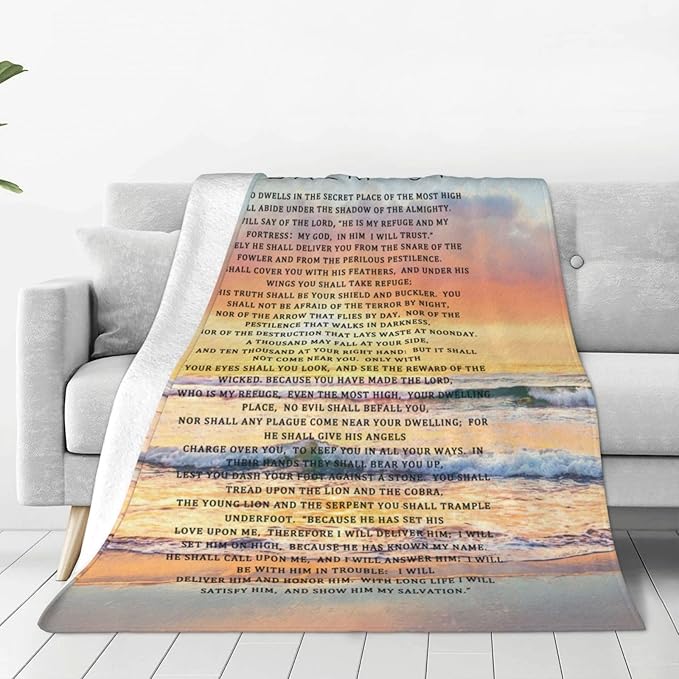 Psalm 91 Blanket Christian Gifts Religious Bible Verse Scripture Throw Blanket Comfy Plush Flannel Fleece Warm Soft Fluffy Fuzzy Blanket for Prayer Women Teens for Bed Sofa Couch 50"X60"