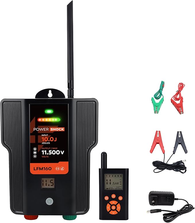 Electric Fence Charger AC DC Powered 65 Miles 200 Acres, 110 Volt 2 Joule Plug-in Electric Fence Energizer, Output Voltage Max 12 kV for Livestock, Preventing Predators from Intruding